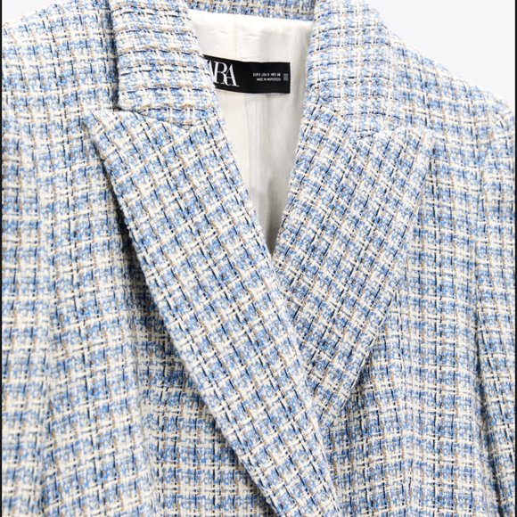 ZARA WOMAN NEW TEXTURED PLAID BLAZER DOUBLE BREASTED WHITE BLUE 8415/107 S - Picture 6 of 11